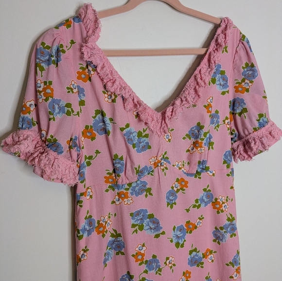 Lili Sidono Molly Bracken Floral Maxi Dress Lace Trim Pink Size Large - Picture 7 of 16